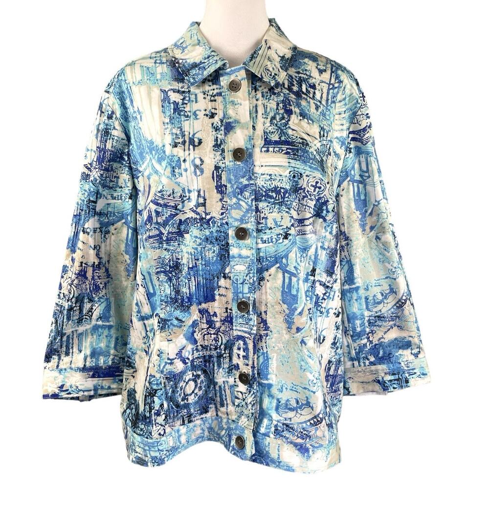 Chico's Jacket 3 XL Button Up Blue White Beige Abstract Art Print 3/4 Sleeve